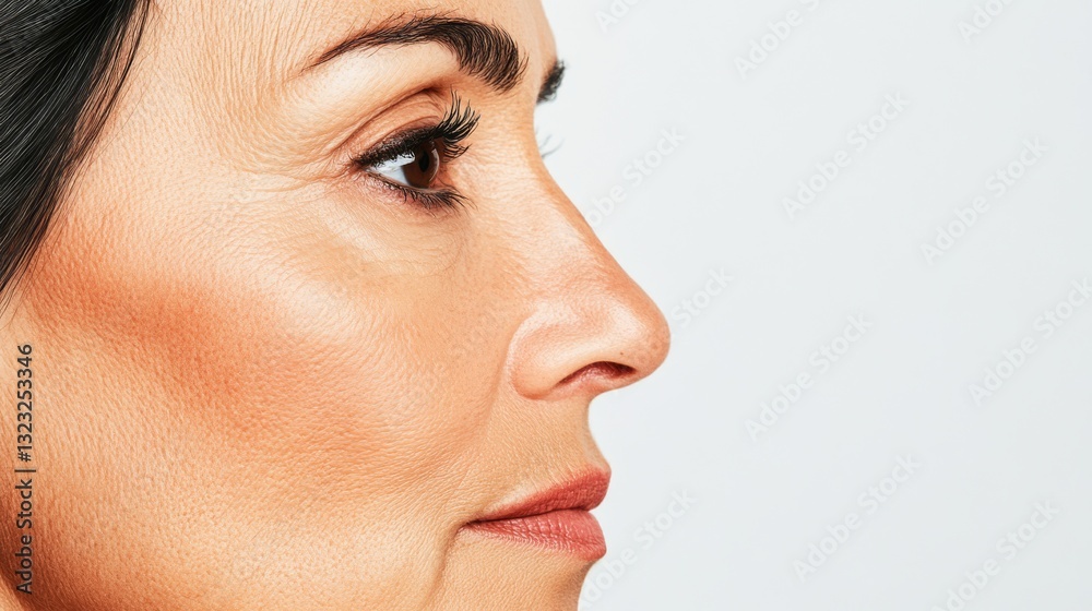 closeup of middle aged woman with dark hair and wrinkles in skin from stem the side. closeup of middle aged woman with dark hair and wrinkles in skin from stem the side.