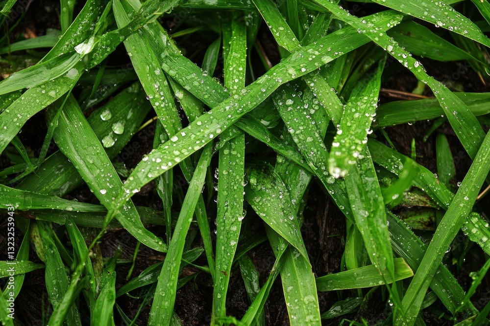 Macro view of a small droplet of water running down the blade of grass with clean lines and great detail Macro view of a small droplet of water running down the blade of grass with clean lines and great detail