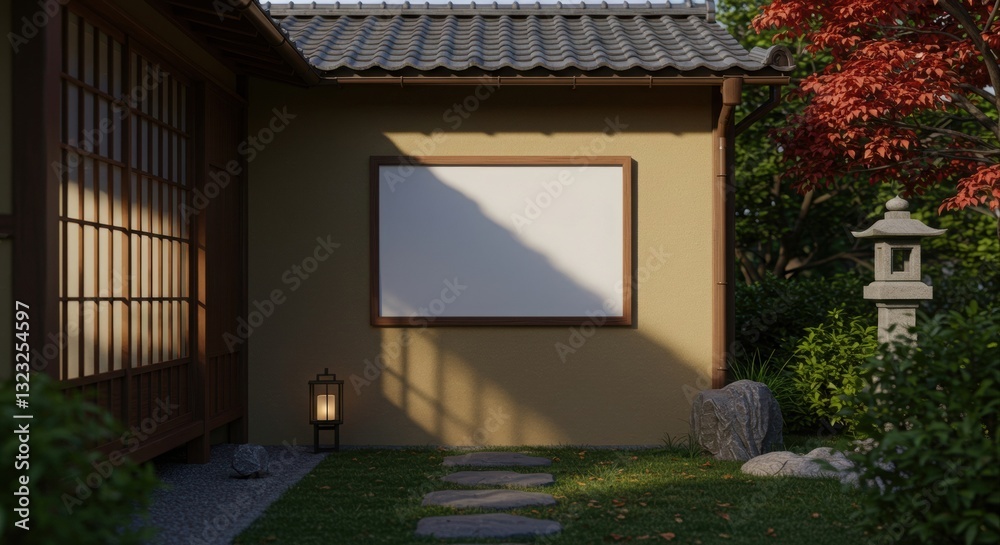 Empty frame mockup in a traditional Japanese garden. Empty frame mockup in a traditional Japanese garden.