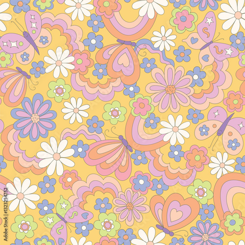 Hippie retro vector seamless pattern. Vintage nature background with flowers, butterflies and rainbows. Nostalgic botanical 70s groovy illustration. Fun and quirky hand drawn allover print design