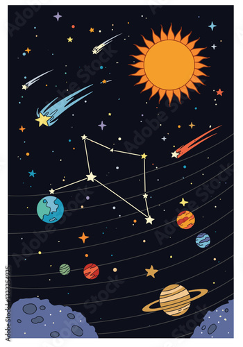 Solar system illustration with planets, constellations, and comets