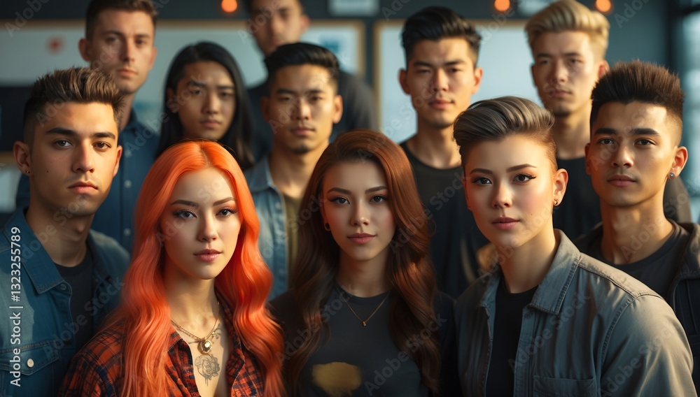 A diverse group of young adults standing together, showcasing a blend of modern fashion and friendship. A diverse group of young adults standing together, showcasing a blend of modern fashion and friendship.
