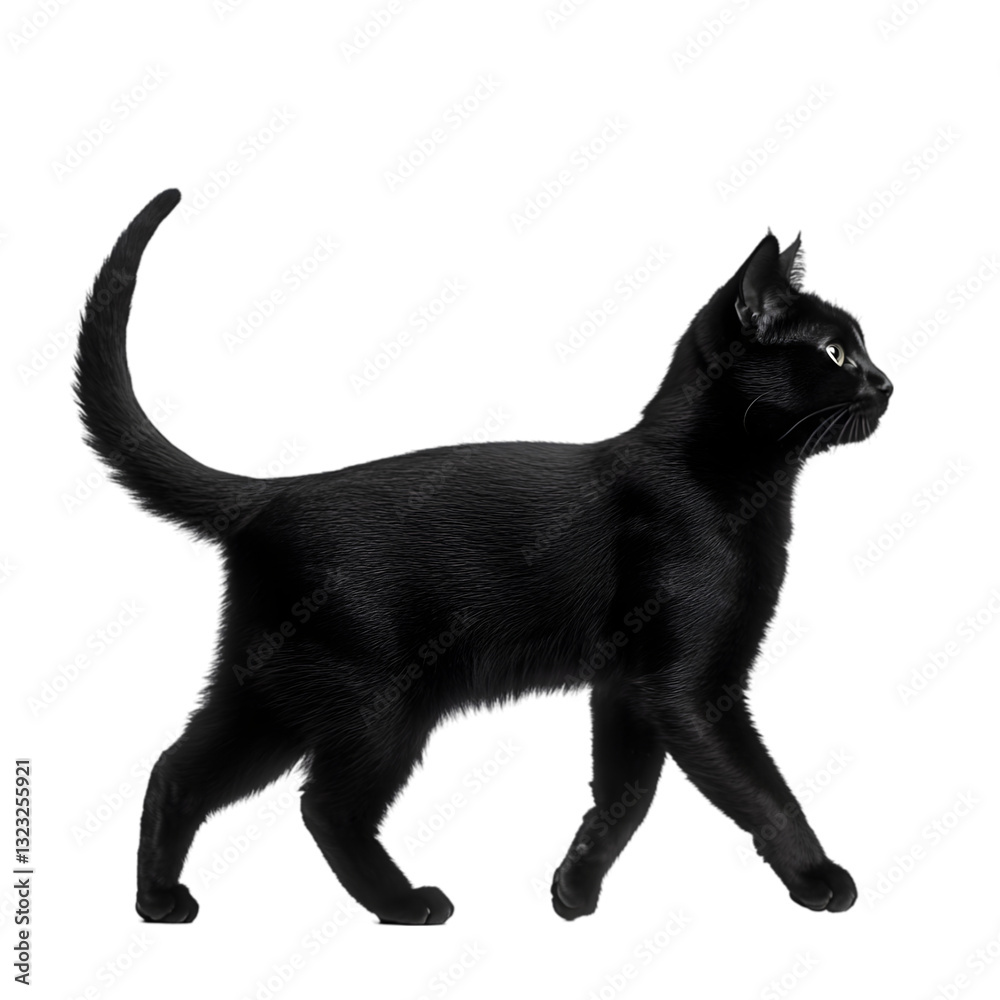 A sleek black cat gracefully walks, its shiny fur glistening in the light, showcasing its elegant posture and attentive demeanor. A sleek black cat gracefully walks, its shiny fur glistening in the light, showcasing its elegant posture and attentive demeanor.