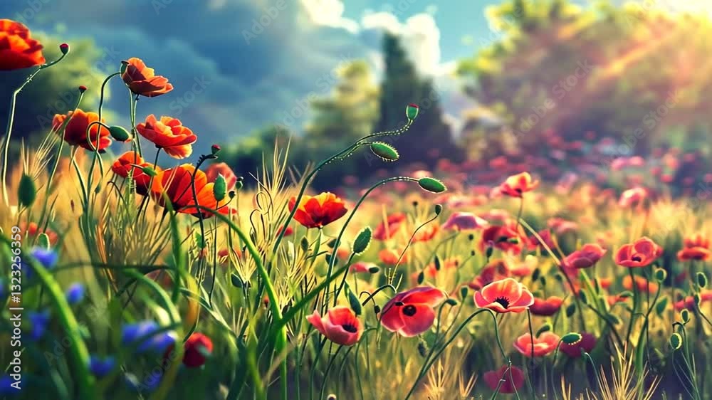 Wildblumenwiese mit bunten Mohnblumen in der Natur