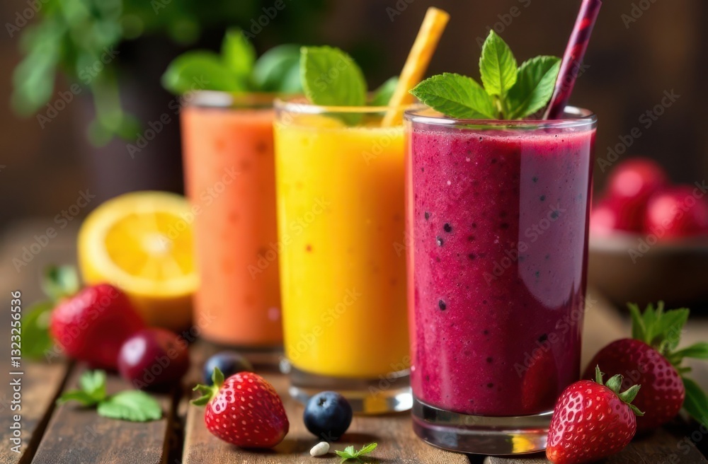 Healthy smoothies prepared with fresh fruits and herbs in a rustic setting Healthy smoothies prepared with fresh fruits and herbs in a rustic setting