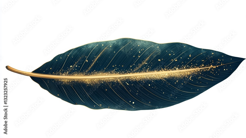 Dark Green Leaf with Gold Shimmer Dust and Linear Feather Graphic on Clean Lines Background Dark Green Leaf with Gold Shimmer Dust and Linear Feather Graphic on Clean Lines Background