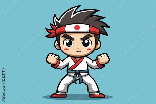A cartoon taekwondo boy is poised with clenched fists, showcasing determination and readiness for action, Taekwondo Boy Cartoon Mascot Character Vector Illustration
