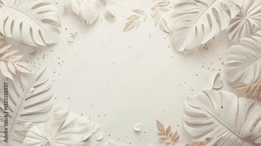 Elegant Wedding Invitation Background with Soft Ivory White Color and Lush Tropical Green Foliage Framing the Edges