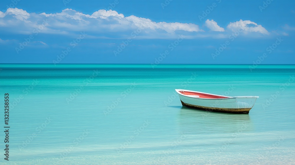 Naklejka premium A small boat gently drifting in an endless turquoise ocean