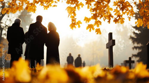 A group of people walking through a cemetery during a funeral in autumn, with golden leaves and a serene atmosphere.