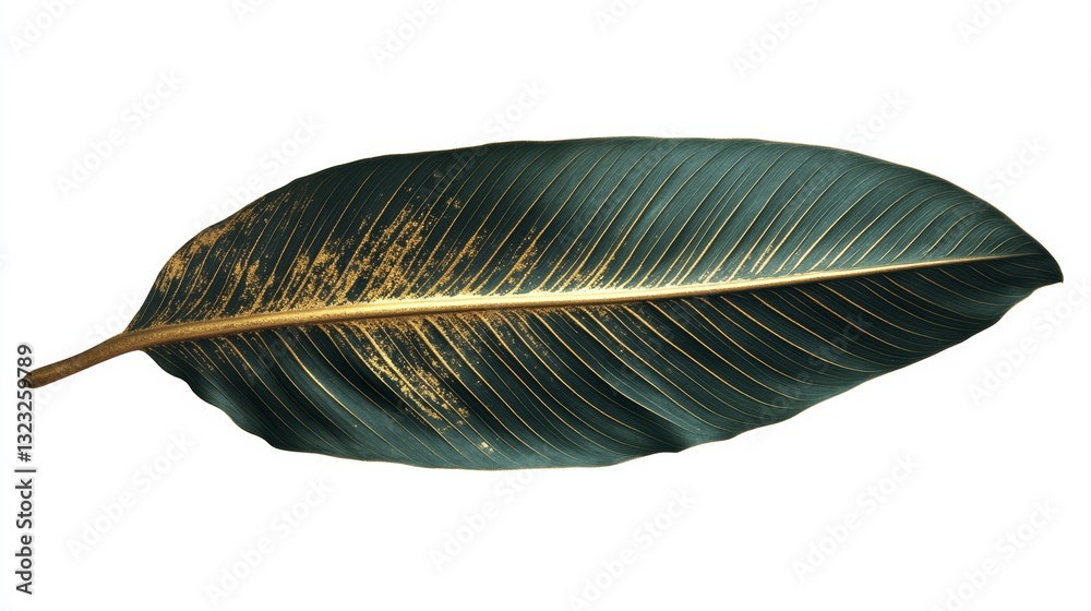 Symmetrical Dark Green Leaf with Gold Shimmer Dust and Feather Graphic Symmetrical Dark Green Leaf with Gold Shimmer Dust and Feather Graphic