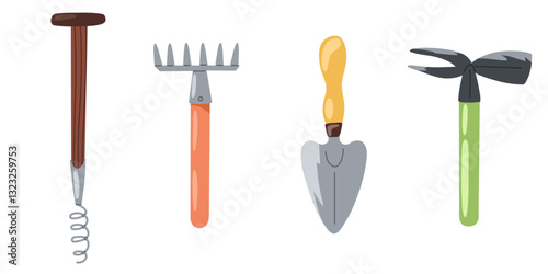 Gardening equipment set. Vector hand drawn trowel, spade and rake. Tools for agriculture and landscaping. Art for packaging, posters, web icons, stickers, infographics, guides, advertisements