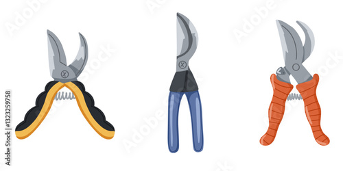 Garden pruners vector illustrations set isolated on white background. Pruning shears, garden hand pruners, pruning scissors, garden scissors. Secateurs pruner clipart