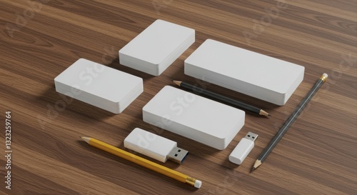 Business cards, USB, and pens mockup.