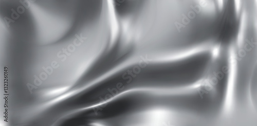 Liquid silver background with abstract waves. Vector realistic illustration of glossy chrome metal texture, smooth grey silk cloth, steel color fluid substance, wavy surface, aluminum foil material