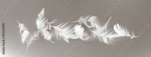 Delicate white feathers floating gently - soft plumage drifting elegantly on gray backdrop, ethereal lightweight quills falling. Airy fuzz elements levitating dreamily for tender decorations.
