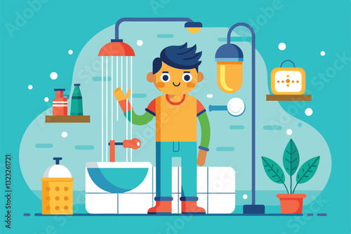 A cheerful individual enjoys a refreshing shower in a vibrant bathroom filled with plants and toiletries, Taking a shower Customizable Flat Illustration