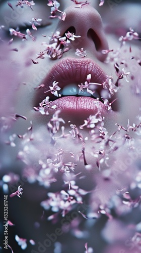 Sensual Woman Face with Pink Petals, Close-up Beauty Shot