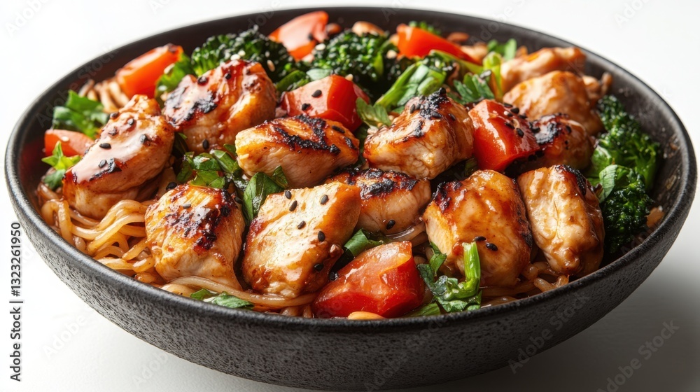 Delicious Teriyaki Chicken Stir Fry with Noodles and Vegetables in a Black Bowl Delicious Teriyaki Chicken Stir Fry with Noodles and Vegetables in a Black Bowl