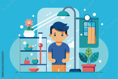 A young man stands in a colorful bathroom, enjoying a refreshing shower with plants and decor around him, Taking a shower Customizable Semi Flat Illustration