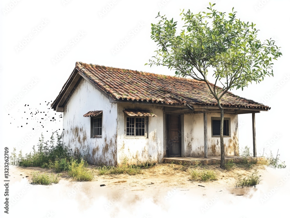 Old-fashioned bungalow with sloped roof and grass surroundings Old-fashioned bungalow with sloped roof and grass surroundings