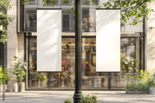 Wallpaper Mural Two blank vertical banners hanging from a black lamp post in a stylish urban setting with greenery and a glass storefront. Perfect for branding, advertising, and event promotions Torontodigital.ca