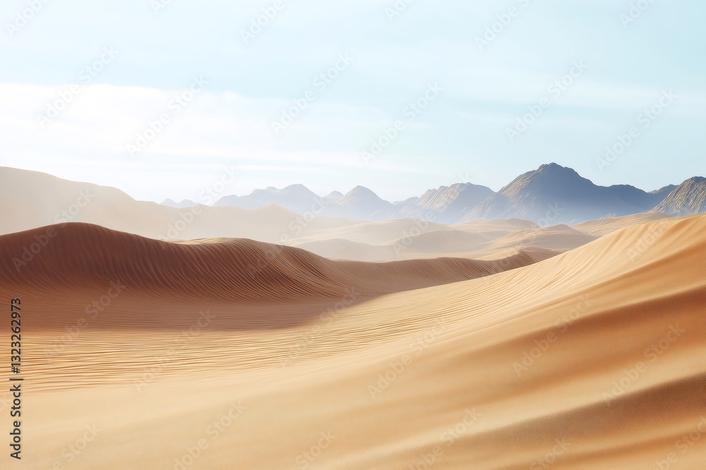 Naklejka premium Sand dunes covering an endless desert landscape with mountains visible in the distance under a clear sky