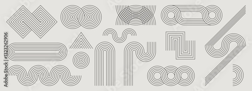 Architectural geometric shapes set - clean modern arches and curves, lines and stripes, spirals and concentric circles. Trendy abstract stylized minimalist mid century design elements collection.