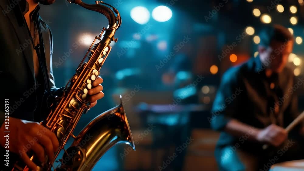 Jazz musicians in a band playing on the stage of a jazz club, hot atmosphere