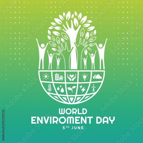 World environment day - Tree with hands trunk and peple around stand on half globe with icon about environment on green dot texture background vector design