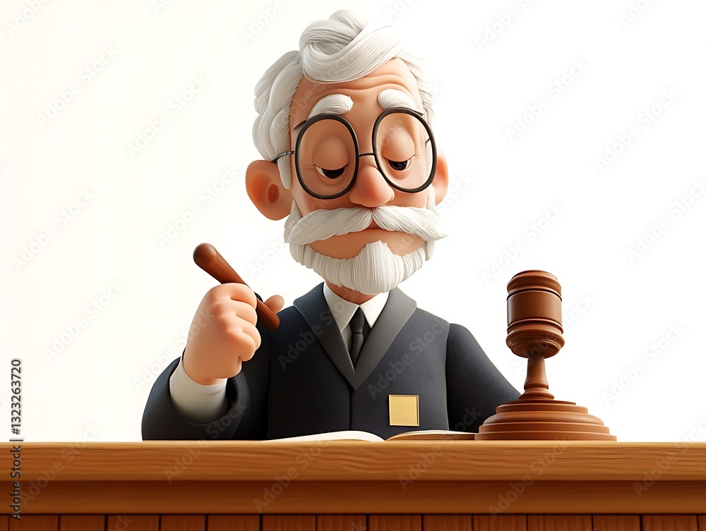 Judge in courtroom legal proceedings animated character bright setting