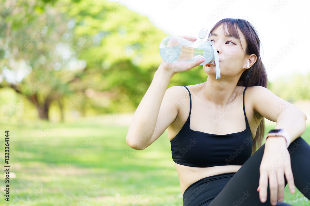 Asian woman take a break and drinks water from bottle after finished running. Asian woman take a break and drinks water from bottle after finished running.