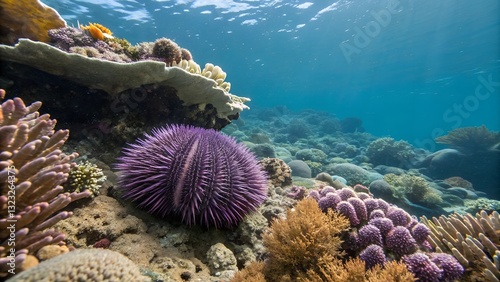Underwater Ecosystem: A vibrant purple sea urchin nestled amongst a colorful coral reef. Sunlight filters through the clear ocean.