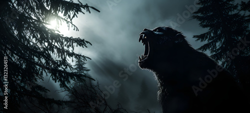 A fierce kingkong howling at a full moon in a dark, ai generative photo