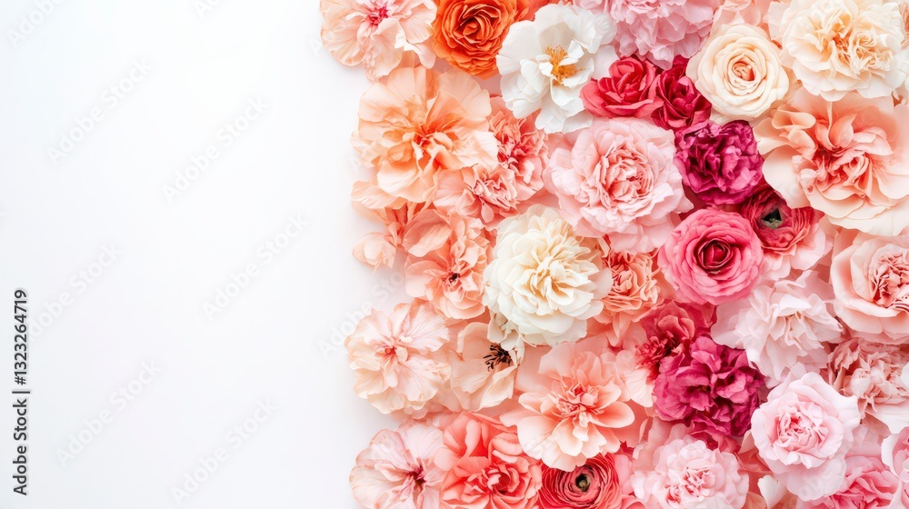 Creative Design Concept: Pink and Peach Wedding Bouquet on White Background with Banner and Copy Space Area Creative Design Concept: Pink and Peach Wedding Bouquet on White Background with Banner and Copy Space Area