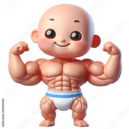 Cute baby character wearing muscular diaper 3d illustration with smiling face isolated on white background