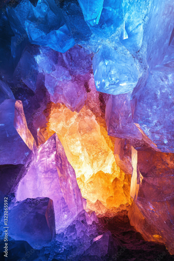 Obraz premium Vibrant multicolored crystal formations in a stunning array of blue, purple, and orange hues.