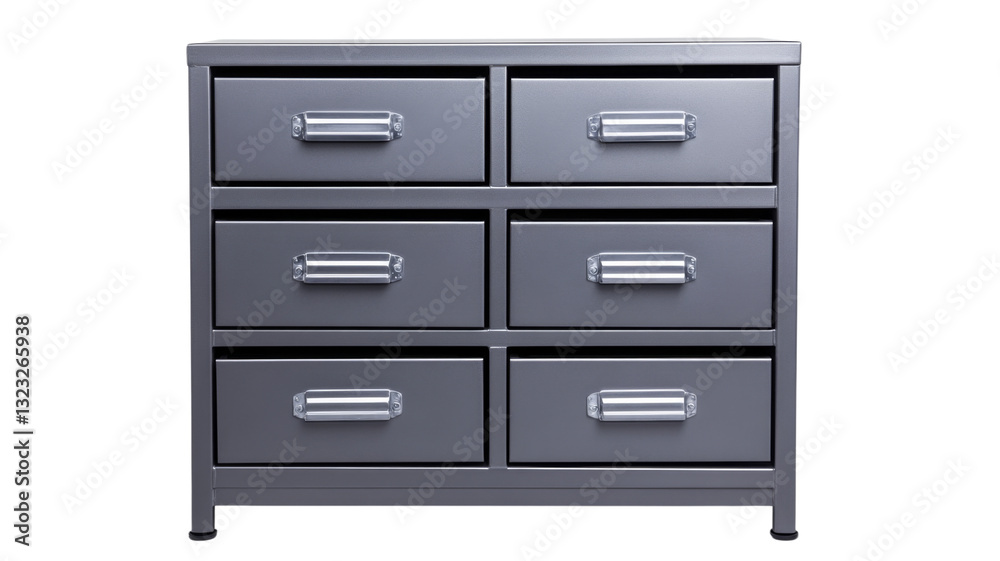 Modern gray metal chest of drawers with chrome handles on transparent background Modern gray metal chest of drawers with chrome handles on transparent background