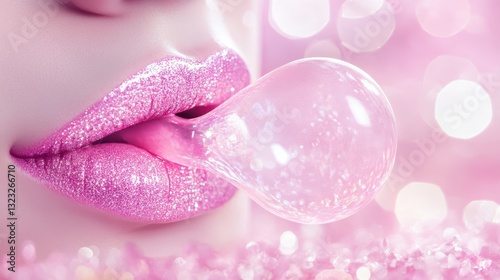 Young woman blowing pink bubble gum in studio background,teenage girl,Tasty chewing gums,bubblegum,chewing dragees and bubblegum stripe flat illustration.