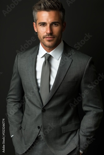 Professional man in a tailored suit poses confidently against a dark background for a corporate photoshoot