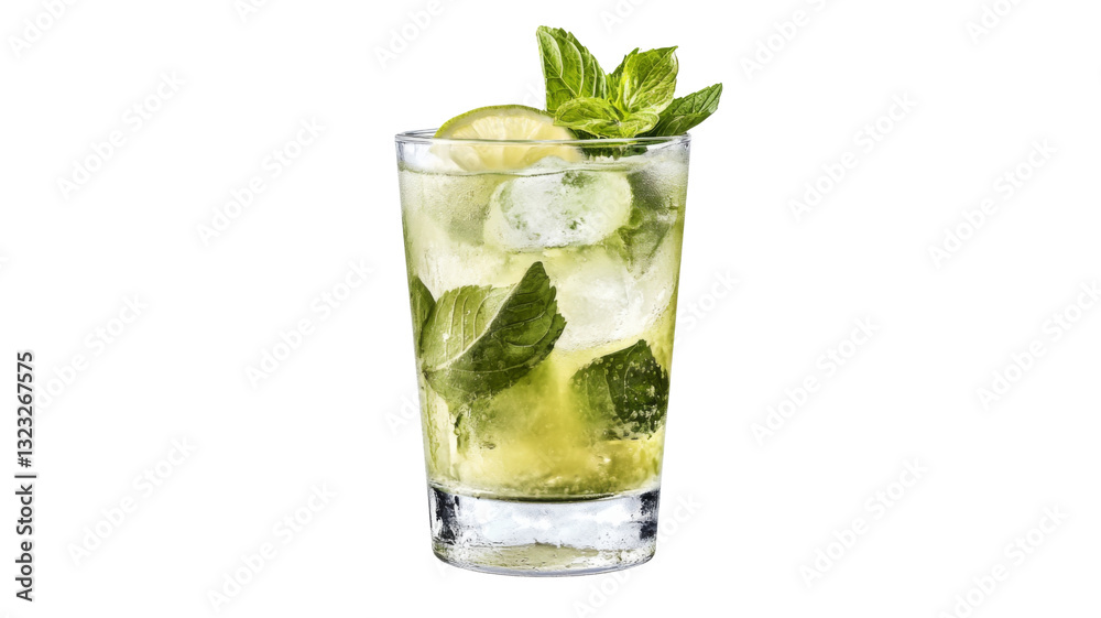 Refreshing mojito cocktail with ice, mint, and lime on transparent background Refreshing mojito cocktail with ice, mint, and lime on transparent background