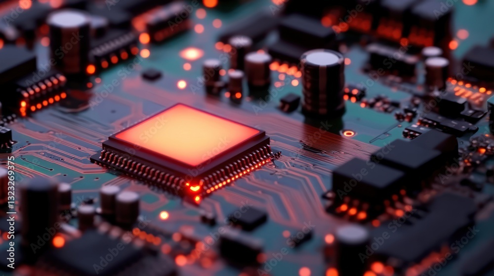 Chip on an integrated circuit board with glowing red elements, representing AI powered edge computing and advanced data processing technology Chip on an integrated circuit board with glowing red elements, representing AI powered edge computing and advanced data processing technology