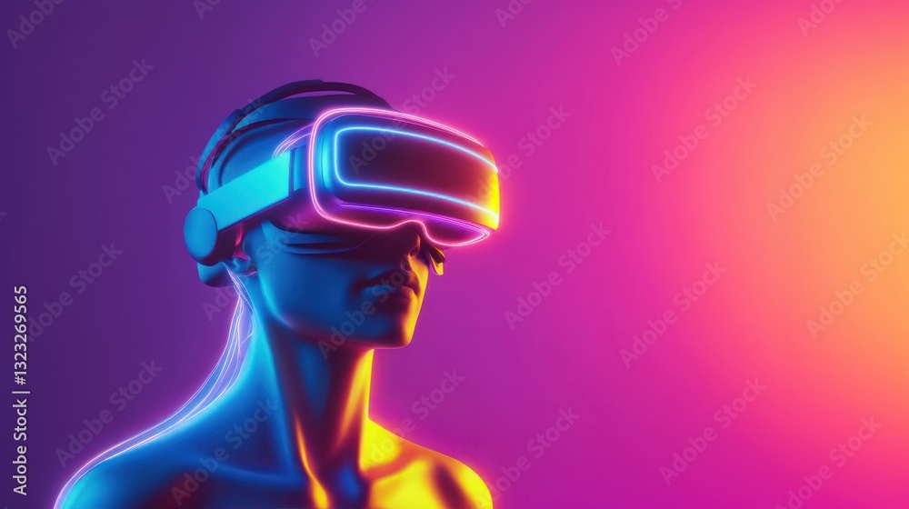 Man wearing VR glasses illuminated by neon lights against an abstract background, representing AI powered edge computing and immersive technology Man wearing VR glasses illuminated by neon lights against an abstract background, representing AI powered edge computing and immersive technology
