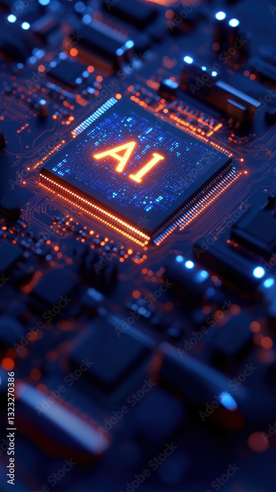 Fototapeta premium Circuit board chip with glowing AI letters, symbolizing AI powered edge computing, advanced cloud edge, and artificial intelligence