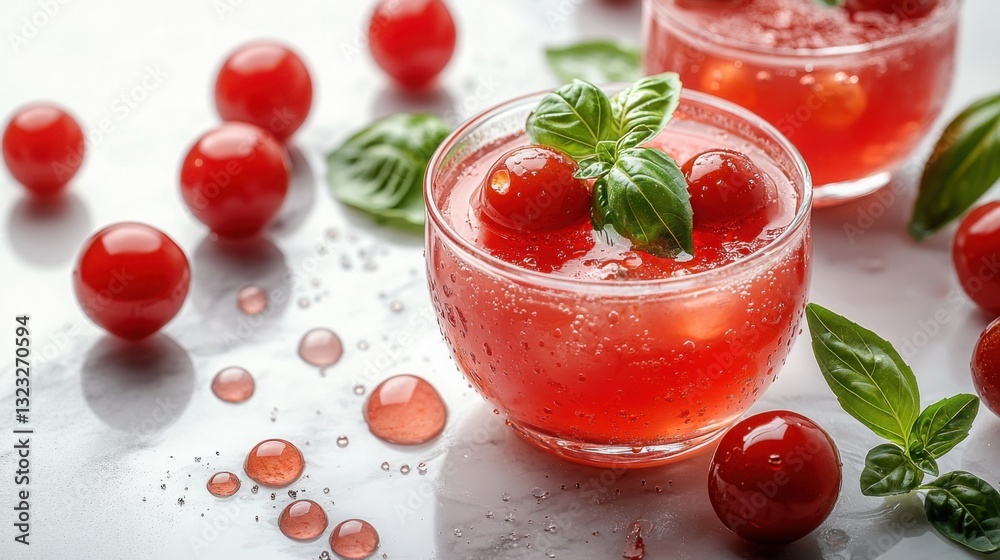 Refreshing Homemade Tomato Basil Fizz Cocktail with Ice Cubes and Fresh Tomatoes Refreshing Homemade Tomato Basil Fizz Cocktail with Ice Cubes and Fresh Tomatoes