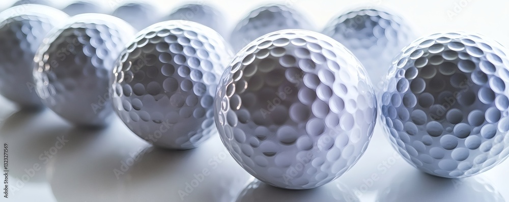 Several arranged white dimpled spheres resting on a reflective surface Several arranged white dimpled spheres resting on a reflective surface