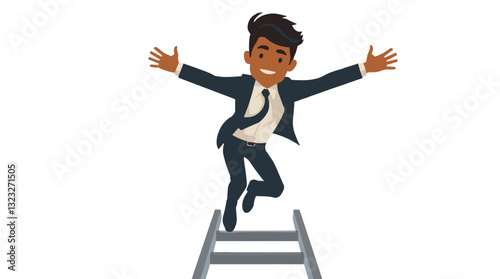 Vector illustration of a joyful businessman climbing a professional ladder, symbolizing career growth, corporate ladder