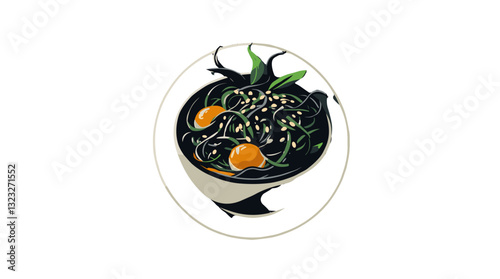 Seaweed salad vector, Culinary Photography, culinary blog, Seaweed salad vector illustration with vibrant colors and artistic presentation on a circular plate