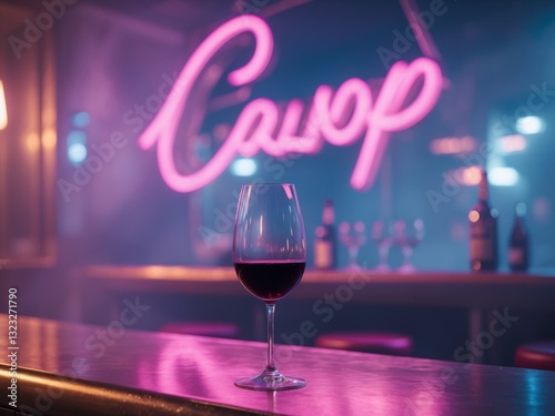 Seductive Nightlife Scene with Wine Glass and Neon Lights in a Bar.