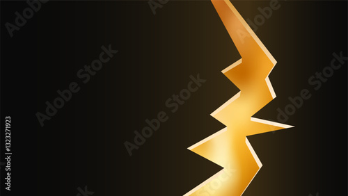 Black background with 3D wall and zigzag lightning crack with molten gold metal or fire or lava backlight. Dark empty horizontal banner. Metallurgy or power or mining or fuel industries HD template.